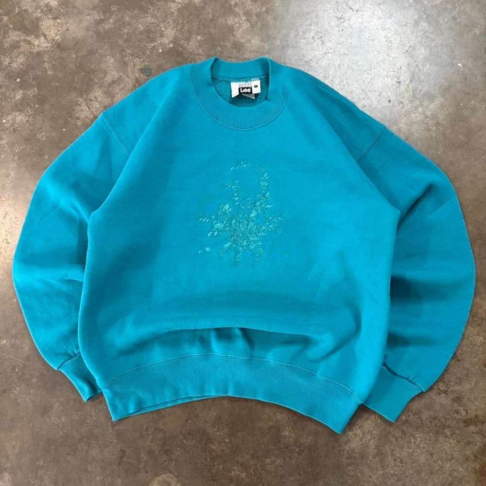 Vintage 90s Lee Heavyweight Teal Blue Floral Embroidered Crewneck Sweatshirt L